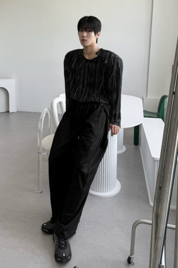 錯位系扣混色條紋寬松T恤