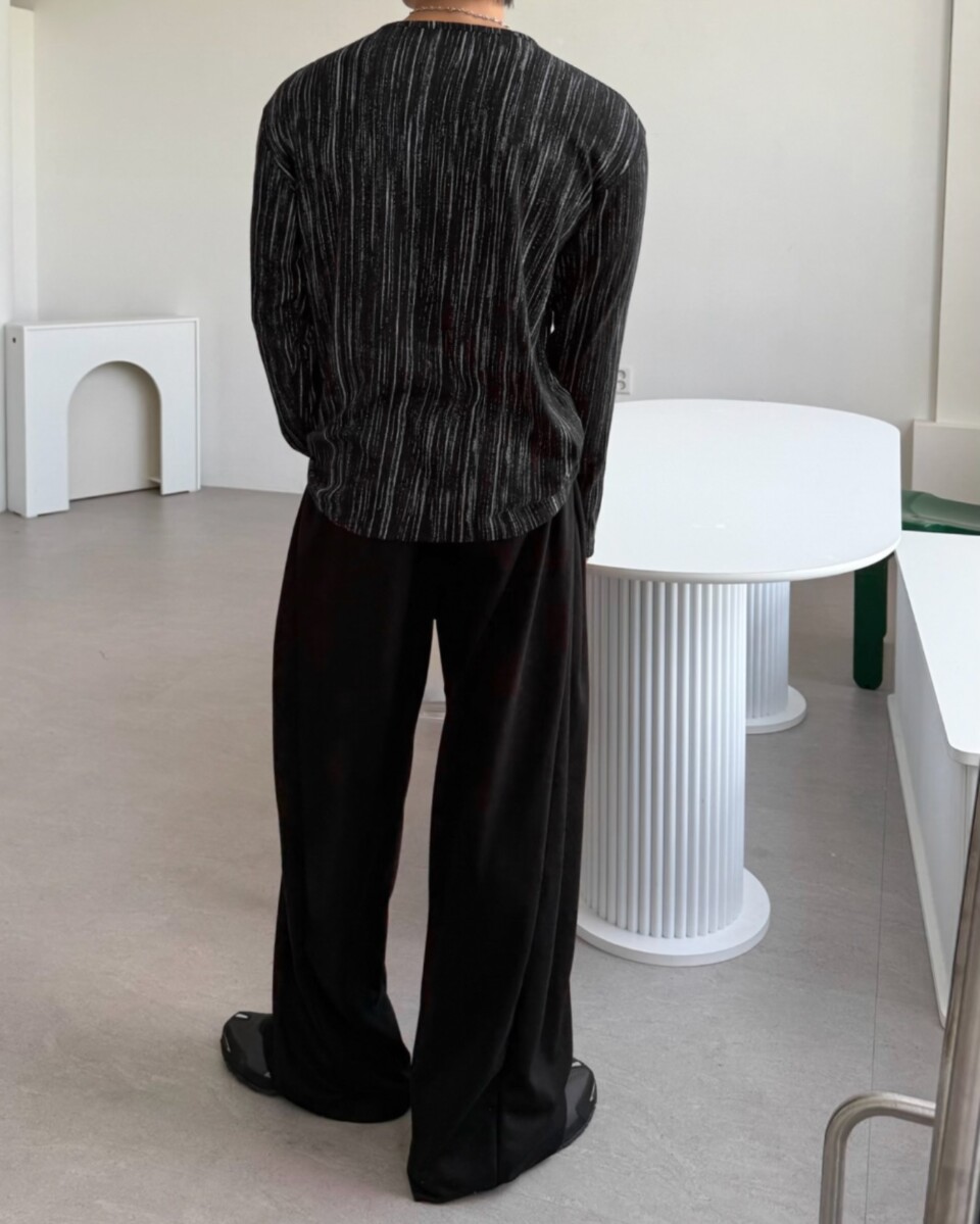 錯位系扣混色條紋寬松T恤-3