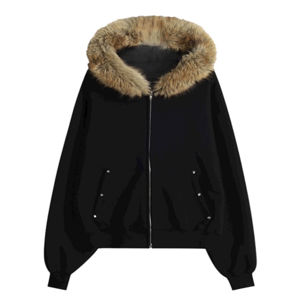 貉毛鉚釘短版連帽拉鍊外套-5