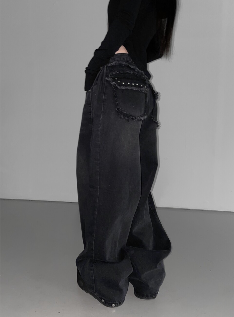 鉚釘流蘇寬版牛仔褲:圖片 5