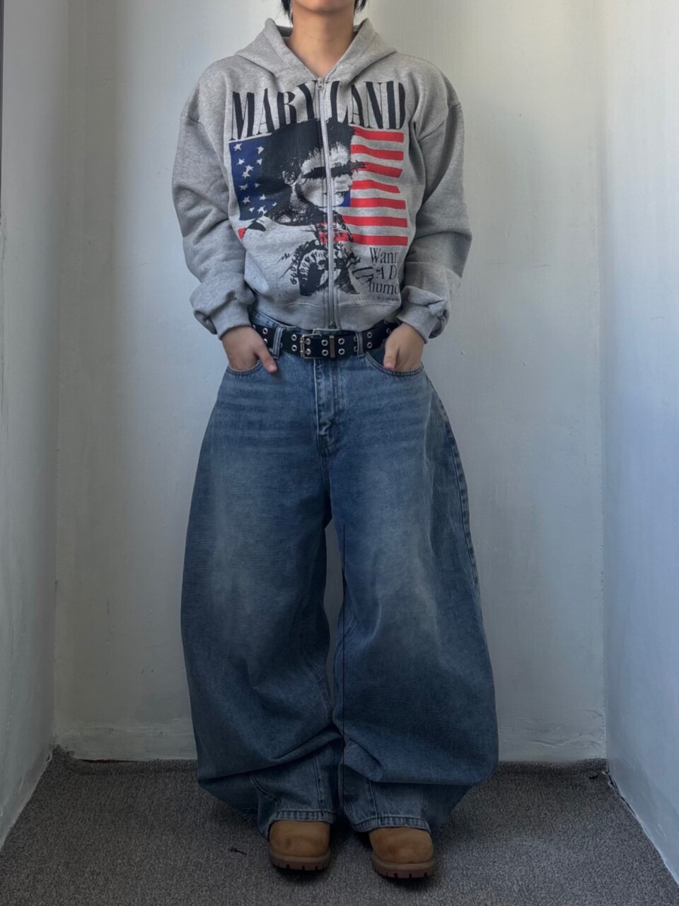 美式印花拉鍊連帽外套