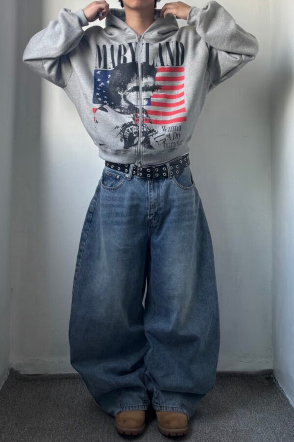 美式印花拉鍊連帽外套-1