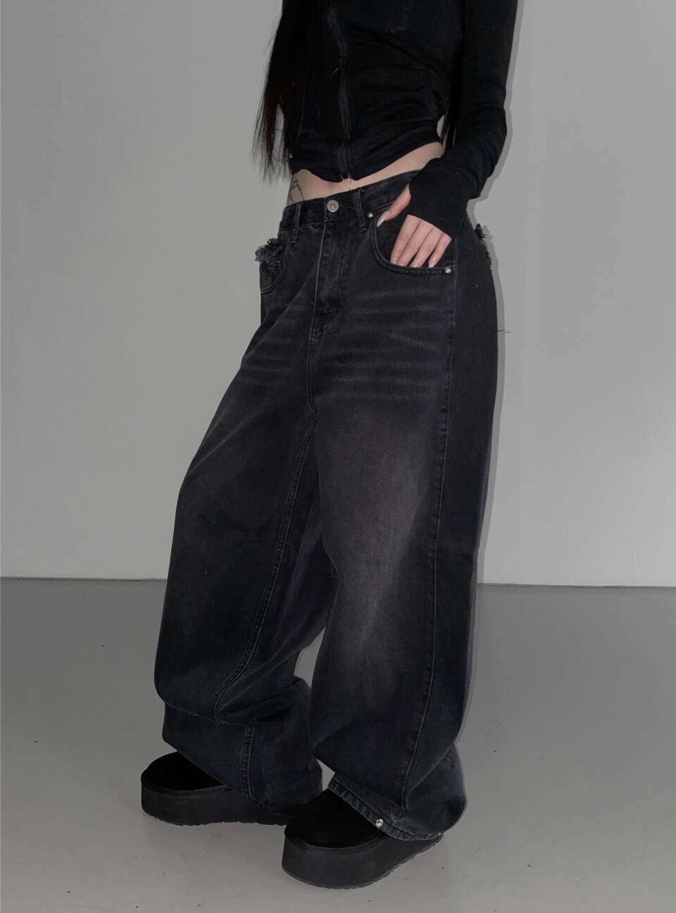 鉚釘流蘇寬版牛仔褲:圖片 4