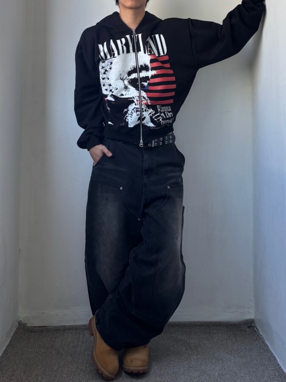 美式印花拉鍊連帽外套-5