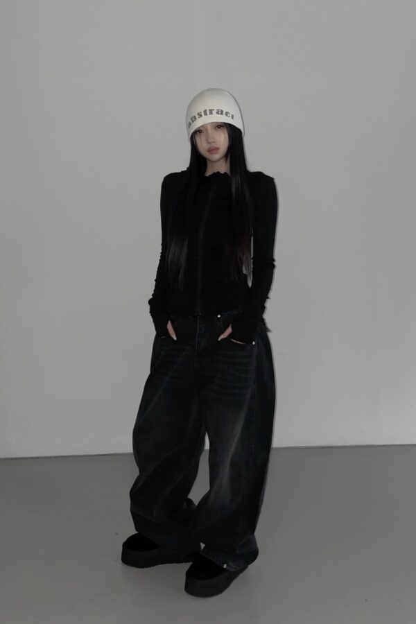 鉚釘流蘇寬版牛仔褲