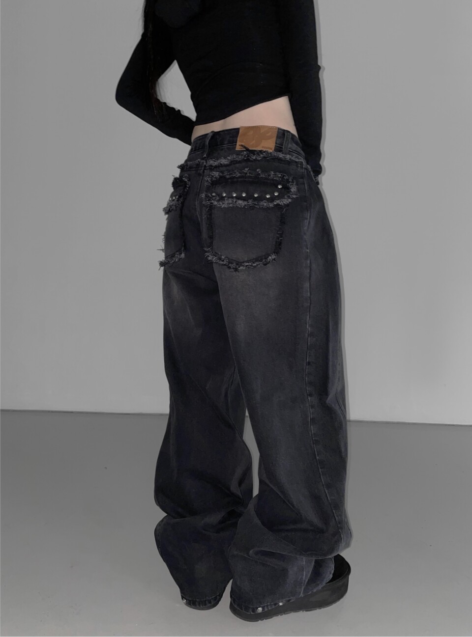 鉚釘流蘇寬版牛仔褲:圖片 6