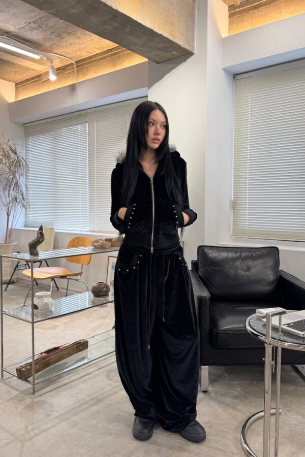 絲絨鉚釘毛領連帽套裝-1