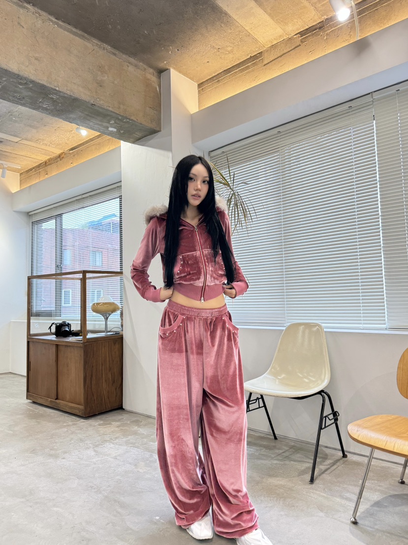 絲絨鉚釘毛領連帽套裝-5