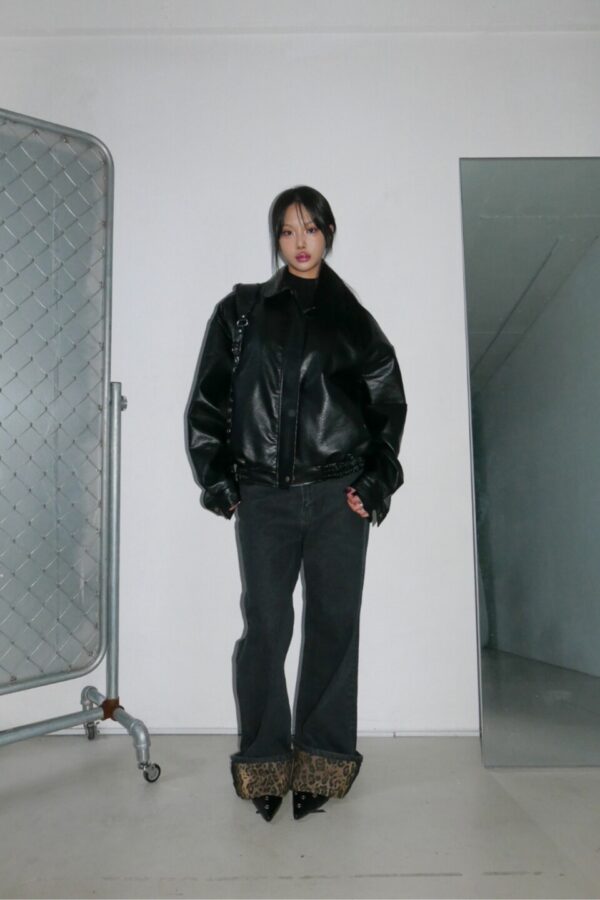 豹紋反摺寬版牛仔褲